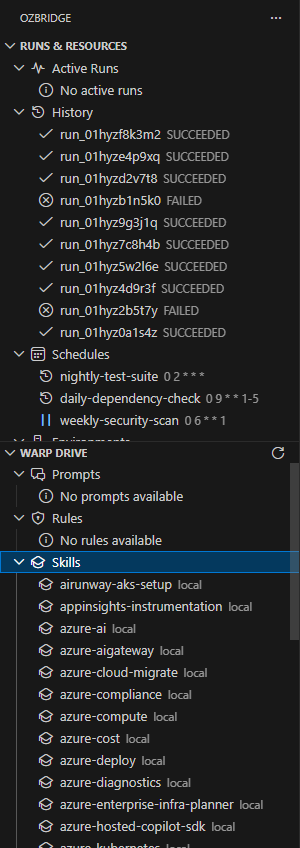 Warp Drive prompts, rules and skills previewed inside VS Code
