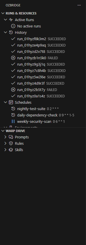 OzBridge sidebar showing active runs, history and schedules inside VS Code